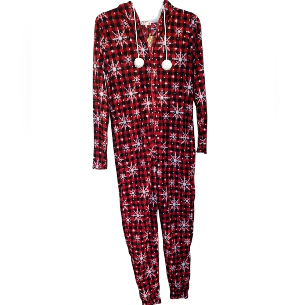 New Snowflake Red Buffalo Plaid Hooded Adult Winter Christmas Onesie PJs Small